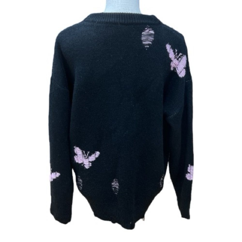 Santo Black Knit Sweater with Pink Butterfly and Distressed Design Size M - Picture 8 of 8